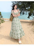 Vintage Korea Fashion Clothing Summer Slim A Line Ruffled Elegant Women Floral Print Chic Vest Dress Backless Pleated Sundress