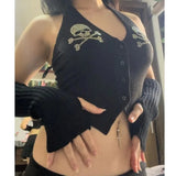 Skull Rhinestone Mall Gothic Halter Tops Grunge Aesthetic Button Up Emo Crop Top Punk Sexy Backless Bandage Alt Outfit