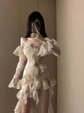 Elegant Fashion Off Shoulder Dress for Women Autumn Irregular Slim Waist Ruffles Dresses Y2k E-Girl Long Sleve Vestidos Mujer