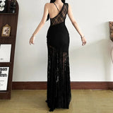 New Vintage Punk Solid Color Slimming High Waist Dress Fashion V-neck Strap Mesh Y2K Retro Dresses Women's Clothing