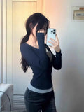 Vintage Fashion All Match Fake Two Piece Shirts Korean Spring Autumn Popular High Street Girl Tops Spliced Color Slim Clothing