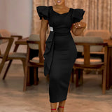 Pbong  Elegant Pure Color African Style Wrap Dress New Fashionable Transoceanic Dress with Lace Trim Elegant African Dress