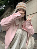 Pink Faux Suede Jacket Women Sweet Long Sleeve Vintage Streetwear Baseball Coat Fall Casual Retro American Y2K Lady Outwear