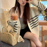Women Cardigan Sweater Striped V-neck Button-up Sweater Jacket Comfy Cozy Slouchy Cardi Autumn Winter Casual Outfit