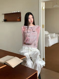 Designer Pink Long Sleeve T Shirt For Woman Fall 2025 Lace Print Funny Tees Cute Mesh Top Kawaii Clothes