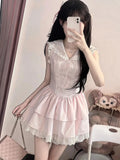 Pbong  Sweet Slim Pink Dress Women Cute Preppy Style Sailor Collar Mini Dress Casual Retro Japan Lace Patchwork Kawaii Cake Dress