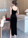 Black Velvet Backless Sexy Sling Slit Long Dress for Women Autumn Winter Elegant Dance Party Dress 2023 Korean Vintage Vestidos