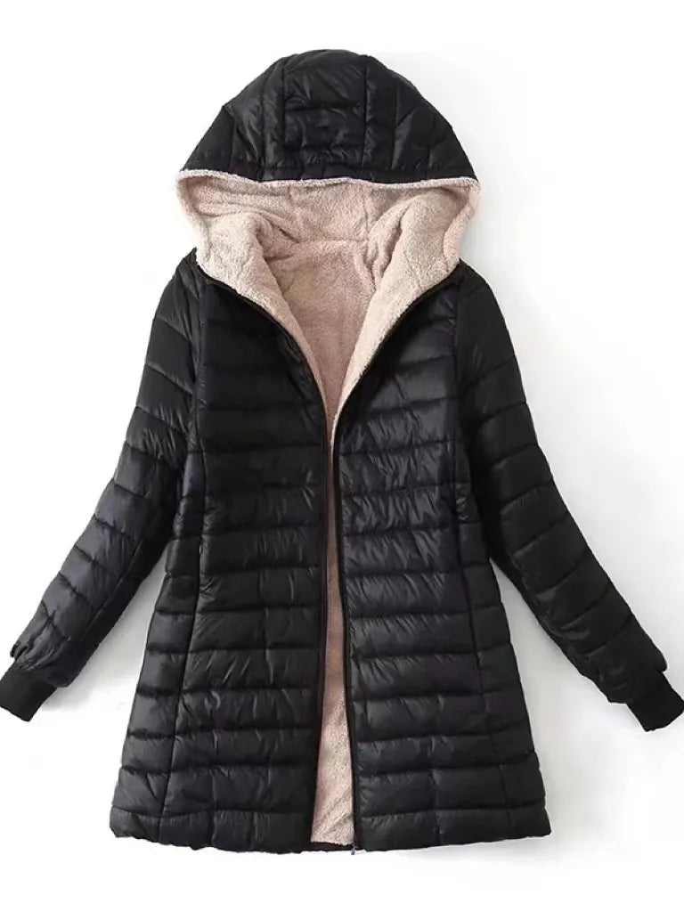 2023 Winter Mid-Length Hooded Cotton Jacket Women Autumn Lightweight Plush Lining Solid Ladies Parka Loose Female Zipper Outwear