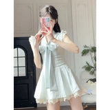 Pbong  Womens Sweet Ruffle Sleeve Bow Tie Front Mini Dress Lace Trim A Line Casual Cute Dress