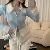 Y2K Zipper Front Rib Knit Top for Women Contrast Fuzzy Collared Zip-Up Sweater Crop Cardigan Autumn Winter Teen-girl 90s Outfit