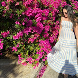 Summer New Women's Patchwork Striped Fashion Long Dress Square Collar Loose A-line Lace Up Vacation Beach Women Dresses
