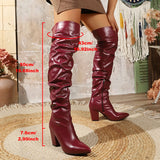 Pbong  Size 35-42 White Pleated Long Boots Women Autumn Winter Chunky Heels Motorcycle Knee High Shoes Botas Largas Mujer