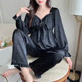 Pbong  Autumn New V-Neck Pajamas Set Black Women 2PCS Shirt&Trouser Lingerie Long Sleeve Pijamas Suit Rayon Sleepwear Home Wear Clothes