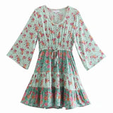 Pbong  Floral Vintage Mini Dress Pink Holiday Boho Women Dress  Flare Sleeve Summer Holiday Ladies Female Sexy Dresses