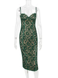 Spaghetti Strap Lace Sexy Midi Dress For Women Gown  Green Sleeveless Backless Club Party Printed Long Dress Vestidos