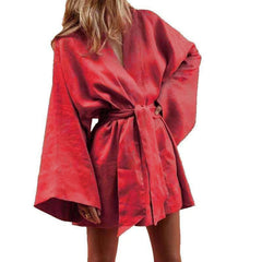 Women's V-Neck Kimono Cardigan Mini Dress Cotton Linen Long Sleeve Sashes Dresses Robe Style Lace Up Summer Loose Vestidos