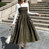 Pbong   Faux Leahter PU Skirt Elastic Waist A-Line Black Skirts Casual Elegant Long Skirt Green Dress Female New Soft Vintage Skirt