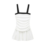 Patchwork Black White Casual Short Dress 2025 Summer New Sqaure Collar A-line Fashion Slip Dress Pleated Streetwear Women Dress