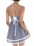 Pbong  Sexy Plaid Spliced Embroidery Lace Bra Corset style Mini Dress Women Bow Lacing up Backless Party Skater Sling Robe Holiday