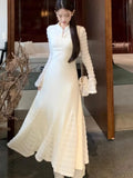 Elegant Lace Patchwork Knitted Dresses for Women Flare Sleeves Slim Mermaid Autumn Winter New Korean Fashion Vestidos Mujer