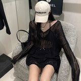 Knitted Hollow Out Shirt Women White Loose Lace Up Long Sleeve T Shirt Korean Fashion Chic Y2K Preppy Style Thin Tops New