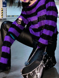 Pbong  Striped Women's Crop Sweater Punk Streetwear Korean Style Hole Thin Knitted Gothic Long Sleeve Y2k Pullover