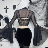 Black Mesh T-shirt Gothic Street Lace-up Punk Ring Flared Sleeves Eyelet Pullover Outer Harajuku Vintage Women Top