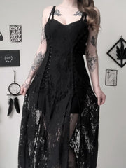 Goth Dark Split Mall Gothic Lace Sexy Bandage Midi Dresses Women Grunge Aesthetic Black Punk Sling Partywear Alternative Clothes
