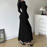 Black Slim Lace Spliced Knit Long Dress