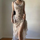 Pbong  Elegant floral print Dresses Summer Women's Dress New SKinny High Waist SLEEVELESS Lace Swinging Neck Sexy Bohemian Maxi Dress