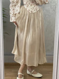 French Elegant Solid Silky Shiny Long Skirt Fashion Elastic Waist Satin Pleat Women Dress Spring Korean Chic A-line Ladies Skirt