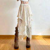 Lace Vintage Long Skirts Irregular Holiday Y2k Skirt for Women Boho See Through High Waist Elegant Tulle Midi Skirts