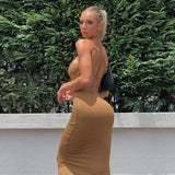 Women's Solid Color Dress Spaghetti Straps Round Cutout Slim Fit Suspender Long Dress Party Wear