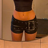 Pbong  Safari Style Bandage Pu Leather Shorts Sexy Slim Pocket Low-Waisted Shorts Women Summer Fashion Streetwear Punk Style Lady