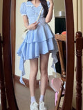 Pbong  French Sweet Dresses Peter Pan Collar Puff Sleeve Plaid Pleated Irregular Ruffles Dress Summer Female Slim Women's Clothing