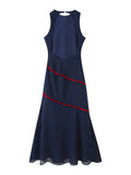 Pbong  Elegant Spliced Sheer Mesh Dress for Women O Neck Sleeveless High Waist Hit Color Slimming Evening Dresses Female