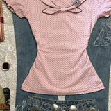 Pbong  2000s Harajuku Vintage Tops Japanese Style Sweet Bow Polka Dot T Shirts Y2k Casual Short Sleeve Korean Fashion Lolita Tees Chic
