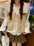 Embroidery Floral Tie Front Sweater Vest for Women Bow Tie Front Sleeveless Knit Cardigan Jacket Teen-girl Fairycore Cute Outfit