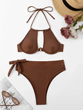Cut-out Push Up Bikini Solid Halter Swimsuit Women High Waist Swimwear Female Bathers Bathing Swimming Swim Suit Beachwear