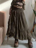 Vintage Forest Green Shirring Tie Lace Trim High Waist A Line Long Skirt Women Vacation Outfits