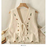 Embroidery Floral Tie Front Sweater Vest for Women Bow Tie Front Sleeveless Knit Cardigan Jacket Teen-girl Fairycore Cute Outfit