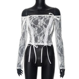 Bow Tie Lace Mesh Shirts for Women Y2k Coquett Clothes See Through Off Shoulder Long Sleeve Crop Tops White