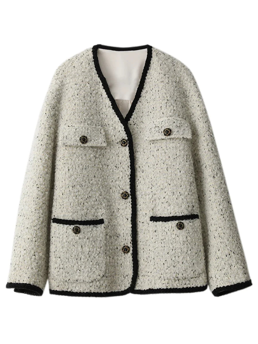 Fashion Women's Wool Coat Single Breasted Vintage Jacket V-Neck Office Lady Overcoat Female Tops Spring Autumn