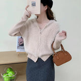 Fuzzy Sweater Hoodie Zip-Up Mohair-Knit Cardigan Women Long Sleeve Hooded Crop Top Knitwear Fall Winter Teen-girl Y2K Outfit
