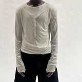 Pbong  Japanese Vintage Spliced Fake Two Piece Y2k Harajuku Solid Half Buttons Long Sleeve Commuter T Shirt High Street Casual Punk Top