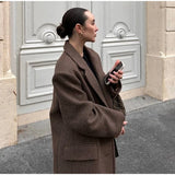 Brown Shoulder Pad Woolen Overcoat Women Elegant Lapel Single-breasted Long Sleeve Coat 2025 Autumn Lady Commuter Outerwear