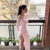 Autumn Long Sleeve Dress Women Pink Mesh Maxi Dress 2024 New Arrivals High Slit Bodycon Party Dresses Women