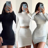 Pbong  Elegant Bodycon Party Dresses Female Women Autumn Black Solid Turtleneck Long Sleeves Sheath Dress Club