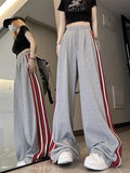 Pbong  Vintage Women Striped Sweatpants High Waist Loose Streetwear Trousers American Retro Lace Up Patchwork Bf Wide Leg Pant