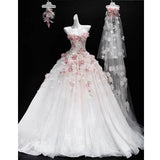 Pbong  White Floral Bustier Wedding Dress Exquisite Embroidery Heavy Embellishment Long Train High Waist Gown for Bride
